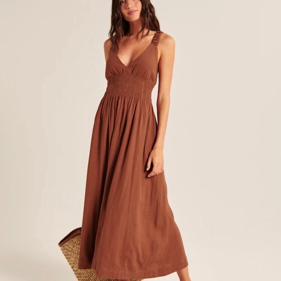 Abercrombie & Fitch Coral Linen Scrunchie Strap Maxi Dress / New - Picture 3 of 7